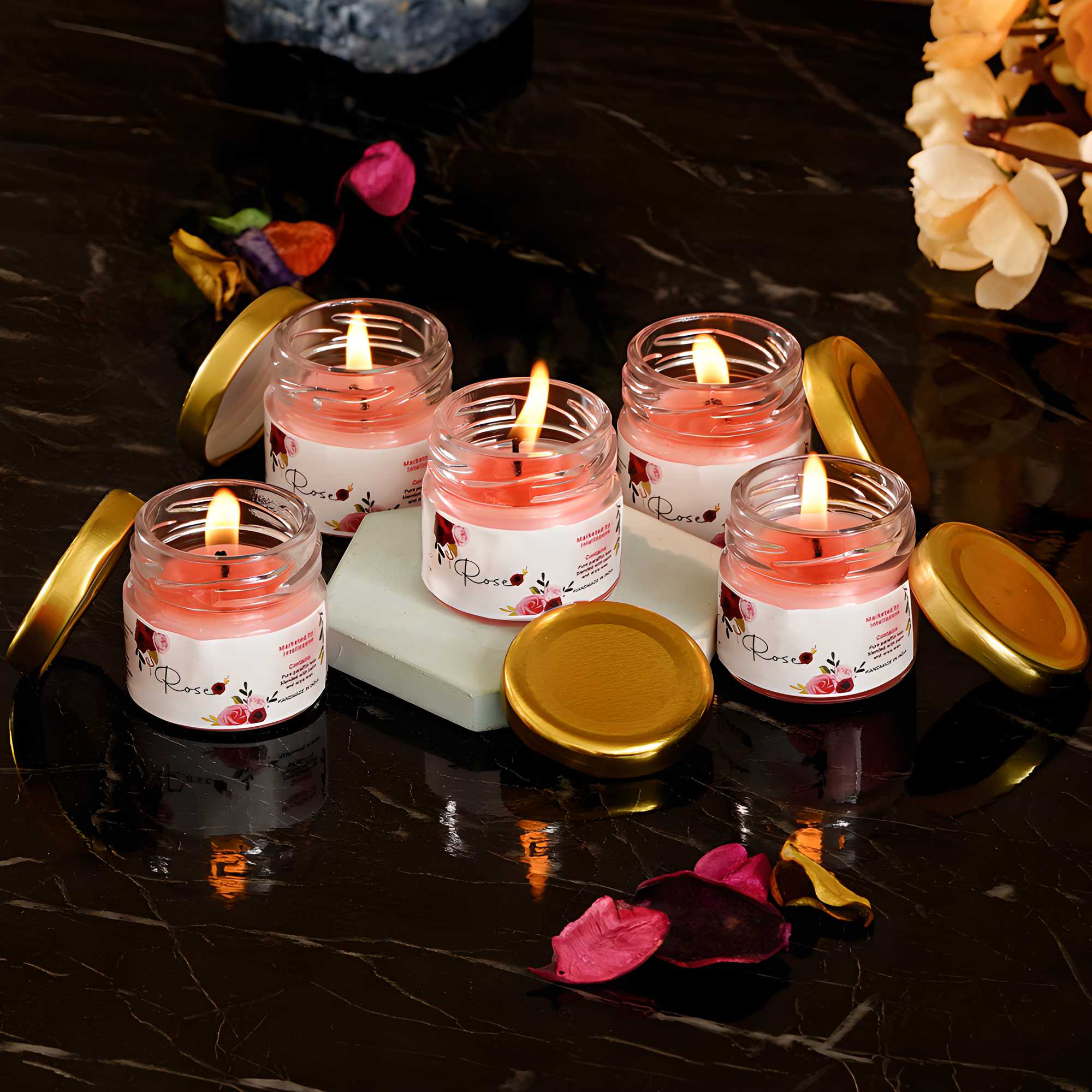Set of 5 Rose Scented Mini Jar Candles | Aromatherapy Fragrance Candles for Home Décor, Relaxation & Gifting | 325g