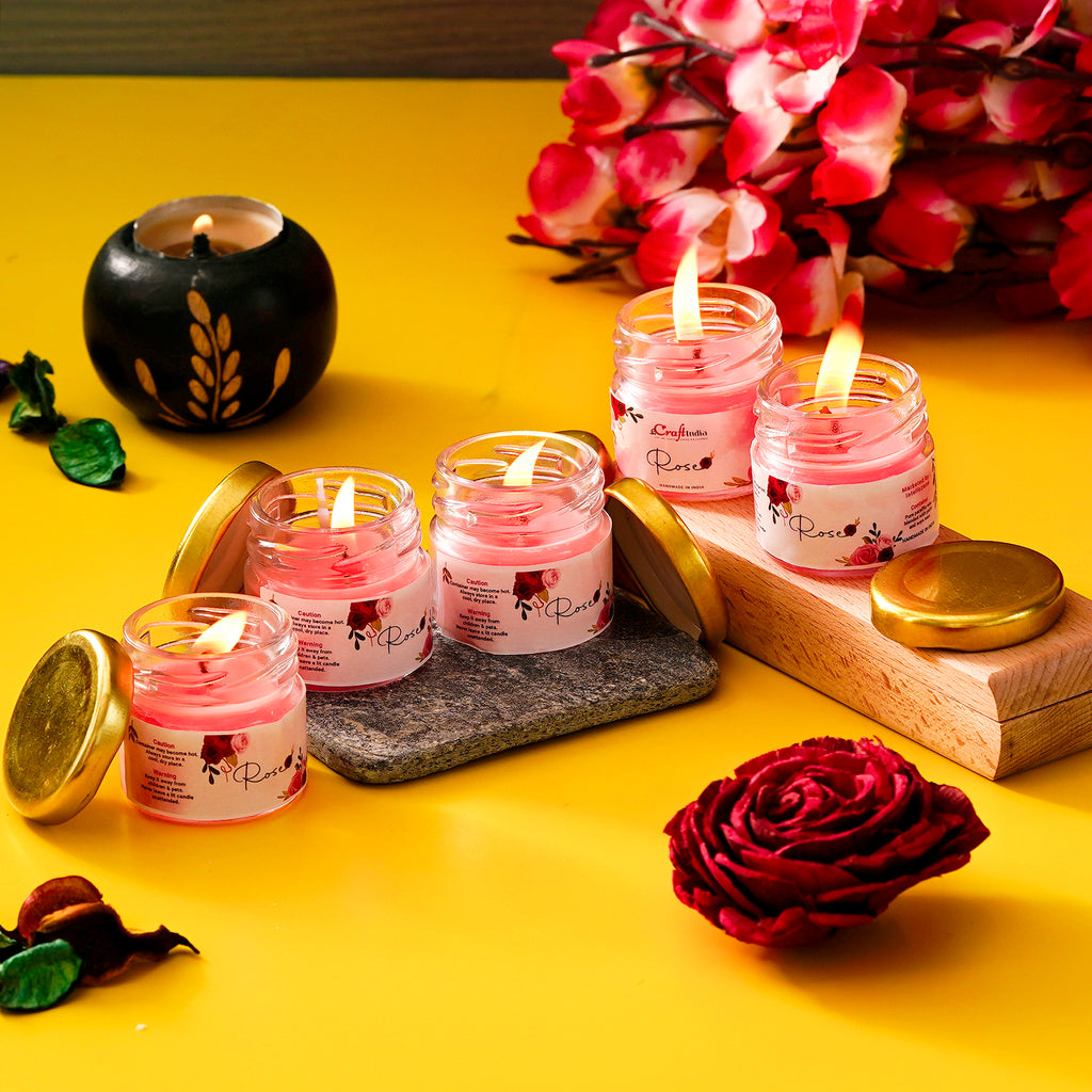 Set of 5 Rose Scented Mini Jar Candles | Aromatherapy Fragrance Candles for Home Décor, Relaxation & Gifting | 325g